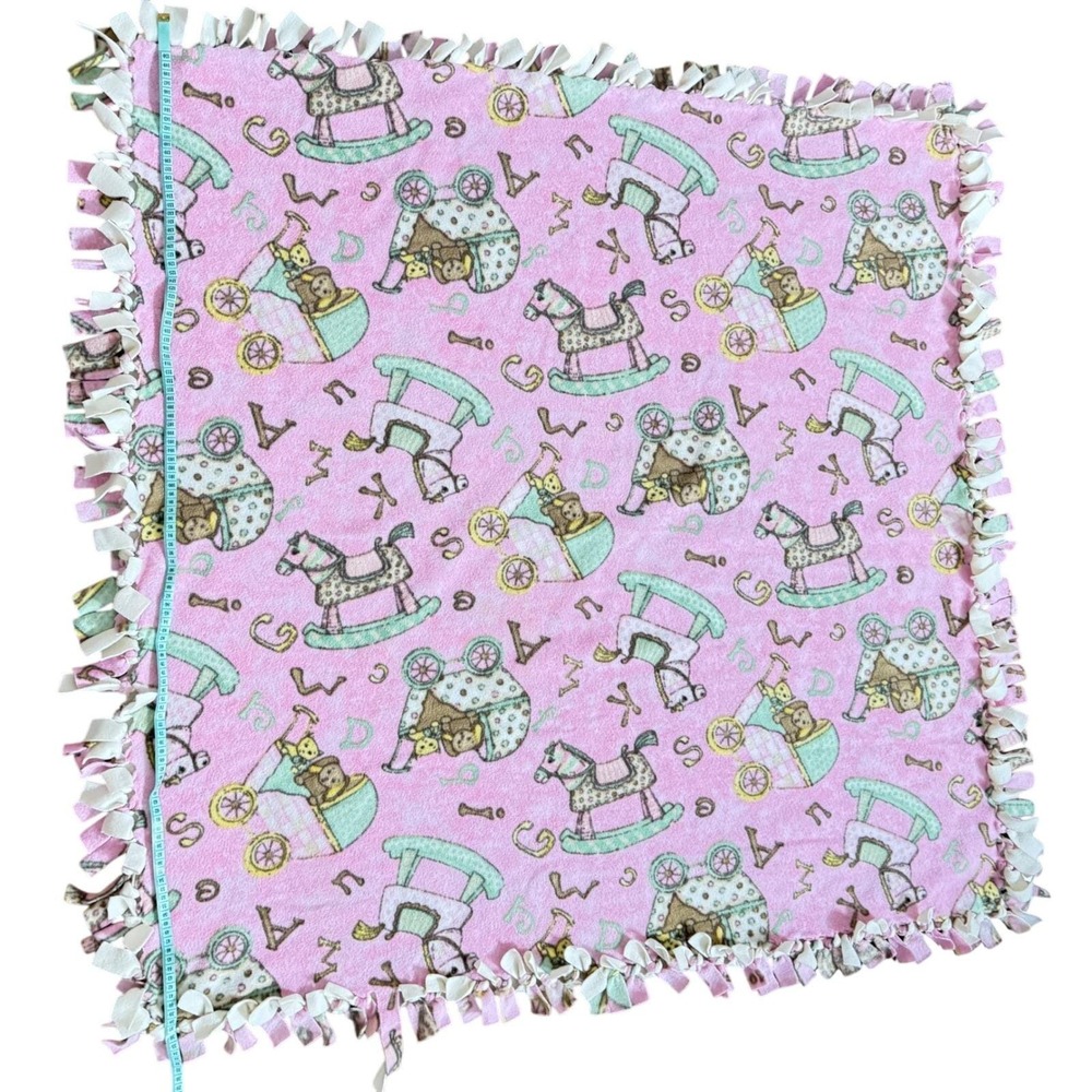 VTG GrannyHandmade Baby Blanket Rocking Horse Carriage ABC print Fleece Tie knot